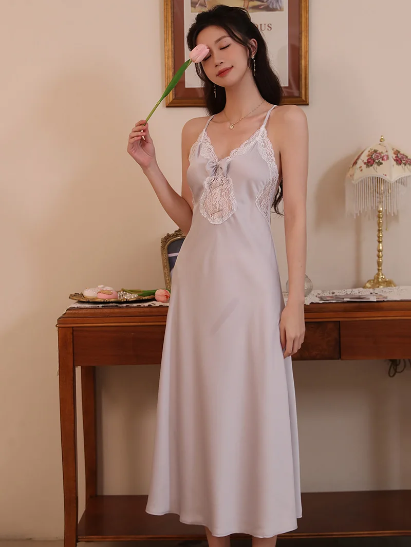 French Silk Robe Backless Nightdress Spring Feminine Lace Sexy Two-piece Sleepwear Set Victorian Pajamas for Women Home Clothes