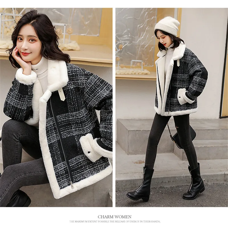 Black Stitching Plaid  Velvet Lapel Winter Clothing Short Fashion Faux Fur Coat Women's Cotton Jacket Woolen Coats Thicker