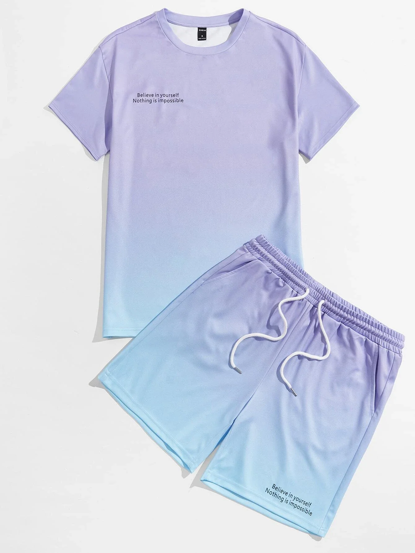 

Men Slogan Graphic Ombre Print Tee and Track Shorts Set