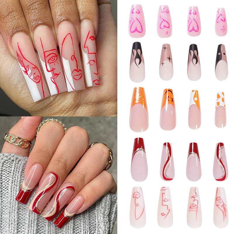 

24 Heart Pattern False Nail Full Cover French Press On Nails Ballerina Nails Extension Artificial Coffin Nail Beauty Nail Decor