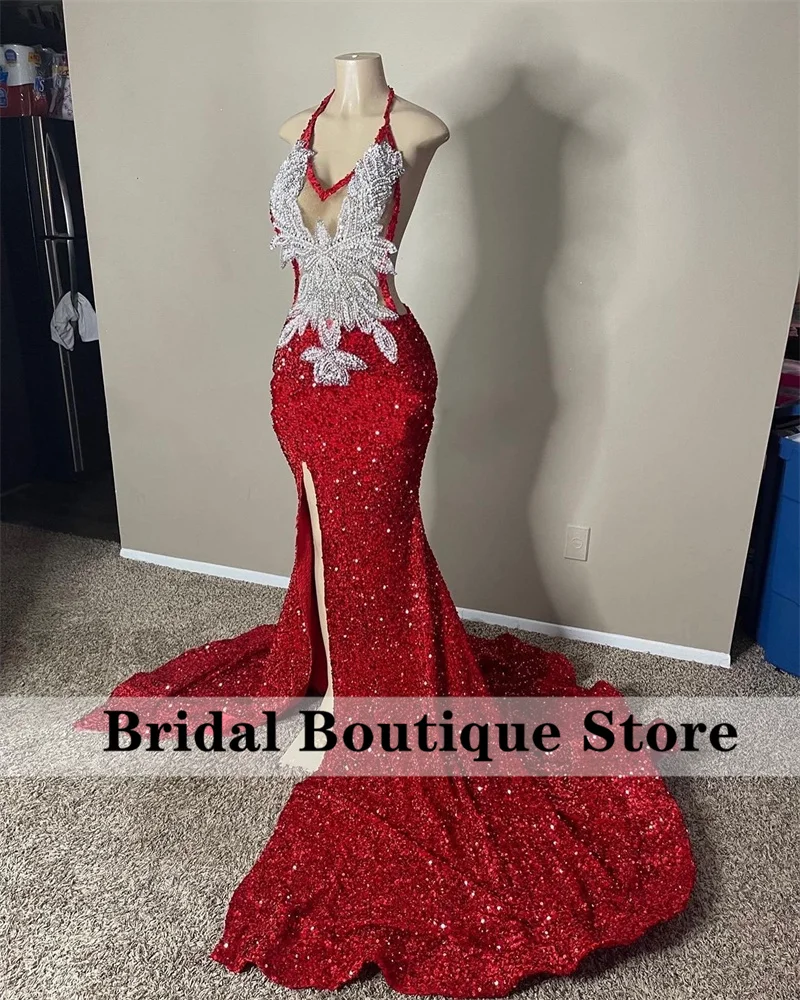 

Sparkly Red Mermaid Prom Dresses 2023 For Black Girl Crystals Beads Sequins Side Split Party Gown Wedding Reception Gowns