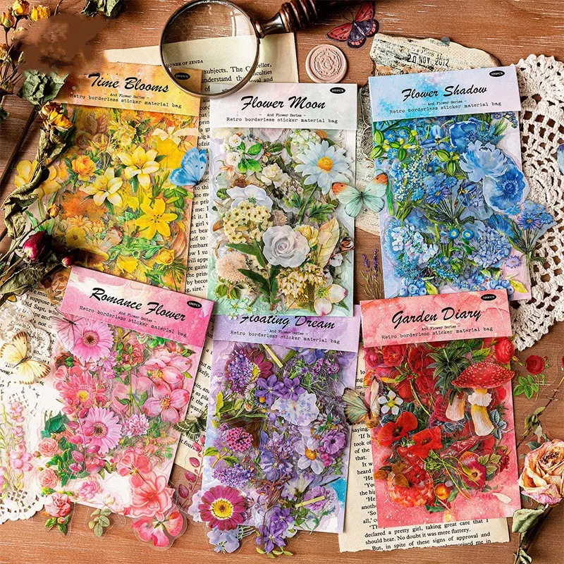 

100Pcs Vintage Flower Scrapbooking Stickers Decoration Paste Paper DIY Embellishments Journal Collage Card Diary Book Material