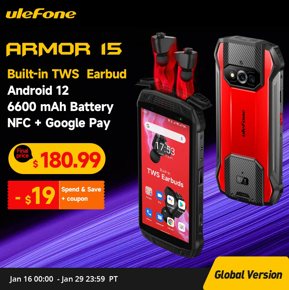Ulefone Armor 15 Защищенный телефон Android 12 Встроенные наушники TWS Смартфон 6600 мАч 6 ГБ +128 ГБ NFC 2,4 Г/5 Г WLAN Водонепроницаемые Мобильные телефоны