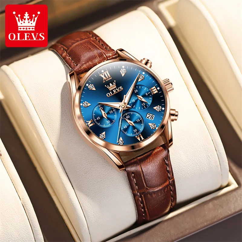 Rose Gold Blue Dial OLEVS New Top Brand Luxury Ladies Diamond Quartz Wristwatch Women Leather Waterproof Watch Reloj Mujer 2023