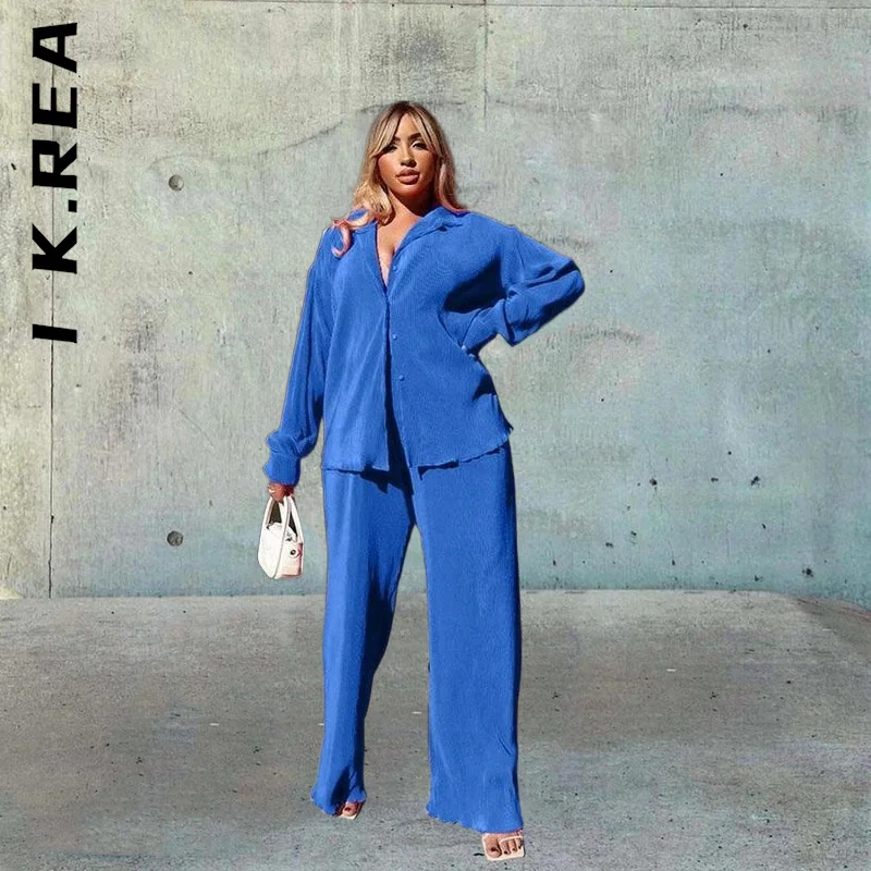 

I K.Rea New Women Set High Waist Tops And Pants Soft Long Pants Women's Suit Pleated Two Piece Sets Chic Womens Female Suit