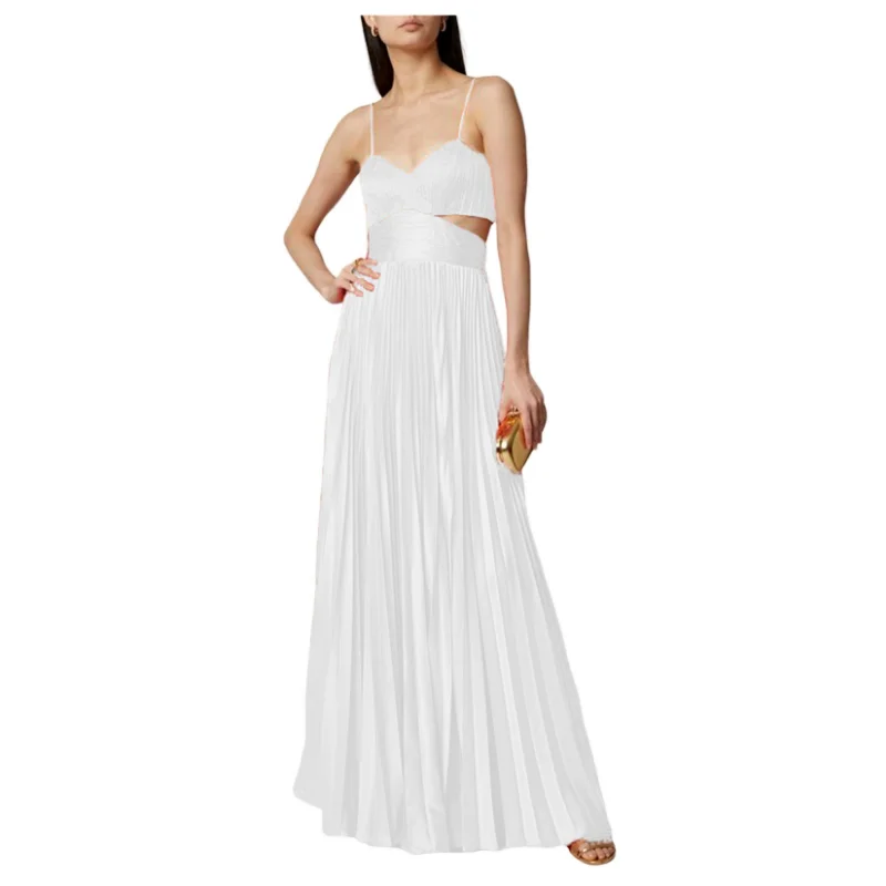 

Женское ажурное платье с V-образным вырезом, однотонное платье-комбинация с открытой спиной, длинные плиссированные платья-качели, яркая Же...