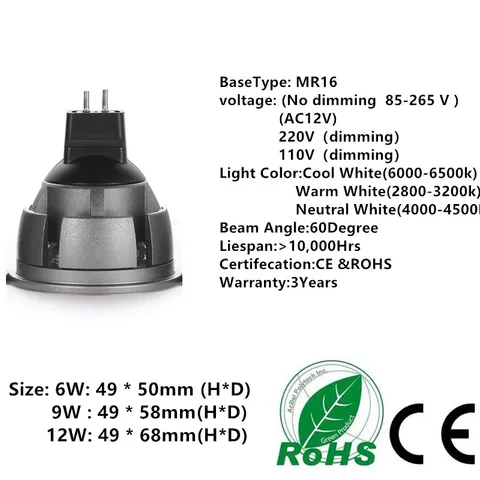 Светодиодная лампа Dfiolk GU10/GU5.3/E27/E14/MR16 6/9/12 Вт теплый/холодный белый