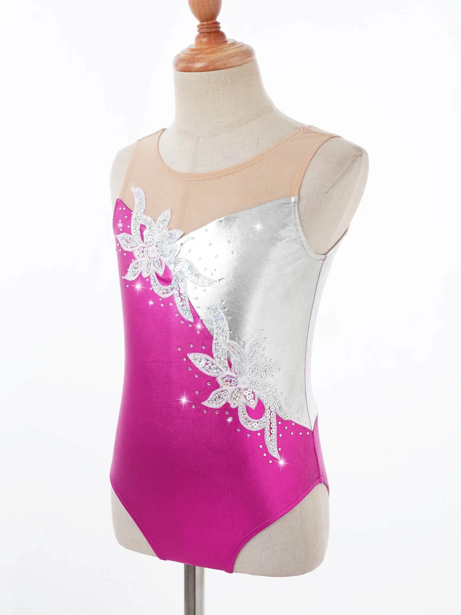 Kids Girls Sleeveless Mesh Patchwork Glittering Sequins Faux Diamonds Adorned Leotard Ballet Dance Gymnastic Skating Jumpsuit