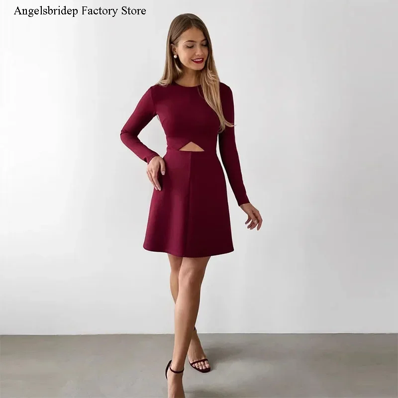 

Simple Long Sleeves Cocktail Dress 2021 Jewel Neck Modest Formal Party Dress Lady Mini Prom Gown Short Daily Dress