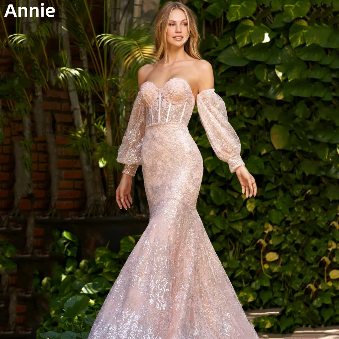 

Annie Hand Embroidered Glitter Prom Dressess Detachable Strapless Sleeves Cocktail Custom Evening Dress Pink فساتين سهره فاخره