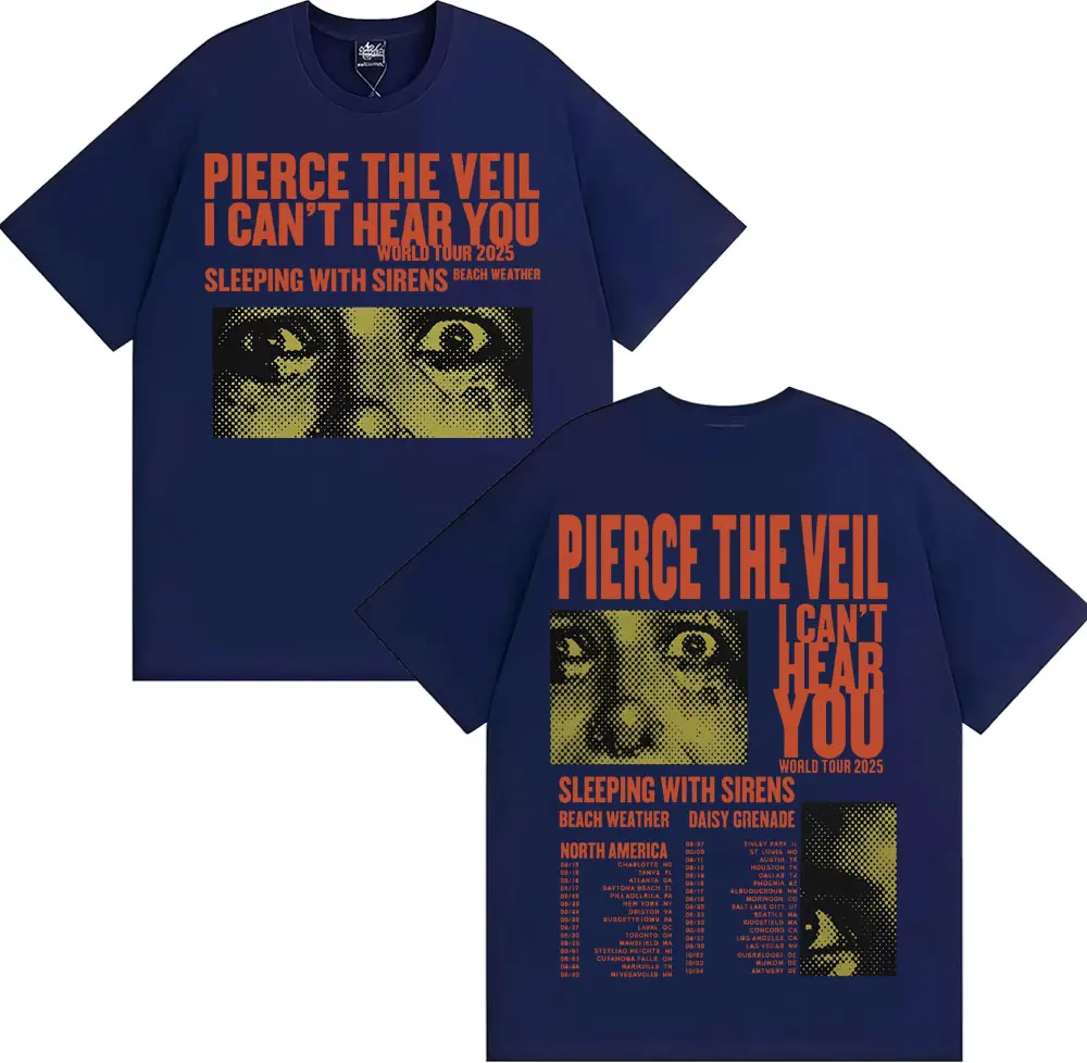Фото Pierce The Veil I Can't Hear You Tour 2025 Мерч Футболка Мода Хип-Хоп Рок Музыка Футболки Мужчины Женщины Негабаритная Винтажная Футболка №2