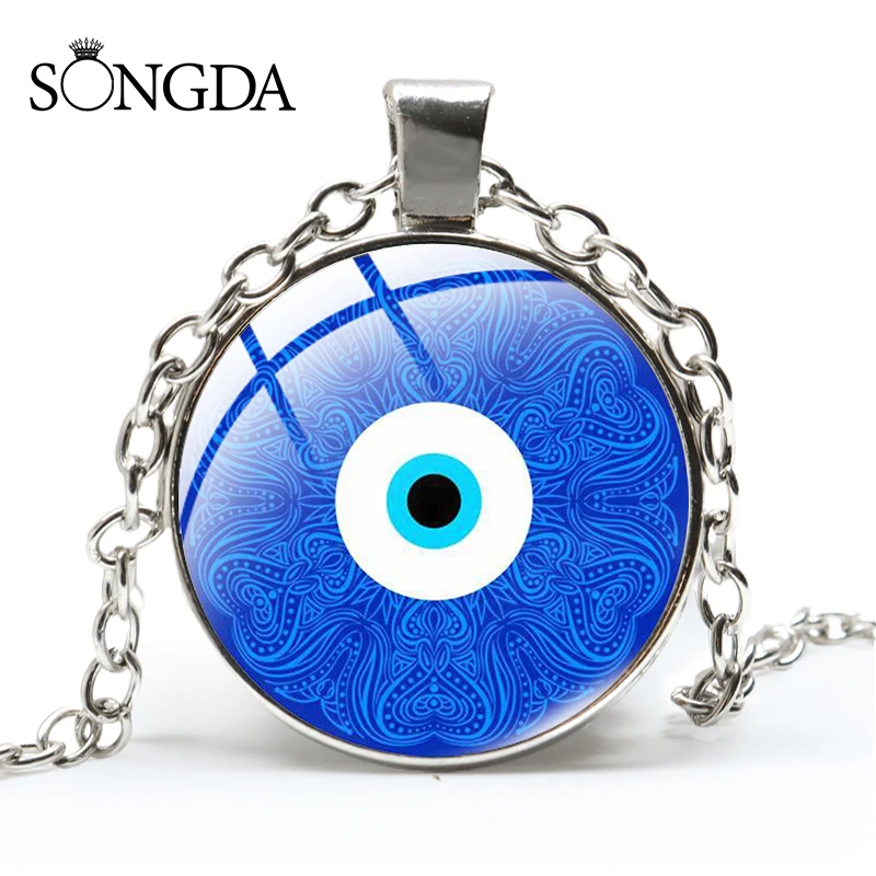 

Turkish Blue Evil Eye Pendant Women Necklace Jewelry Evil Eyes Chain Lucky Round Glass Dome Choker Accessories Friend Kids Gifts