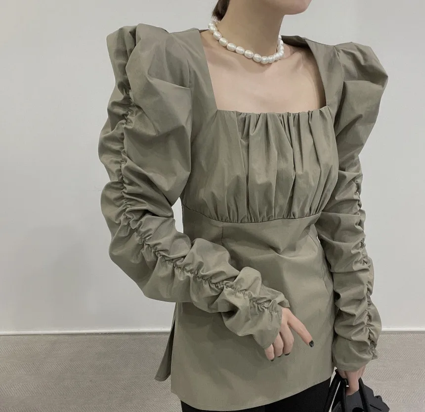 

2023 Spring New Korean Fashion Blouses Women Long Puff Sleeve Square Collar Split Solid Zipper Back Tops Shirt Female 2315
