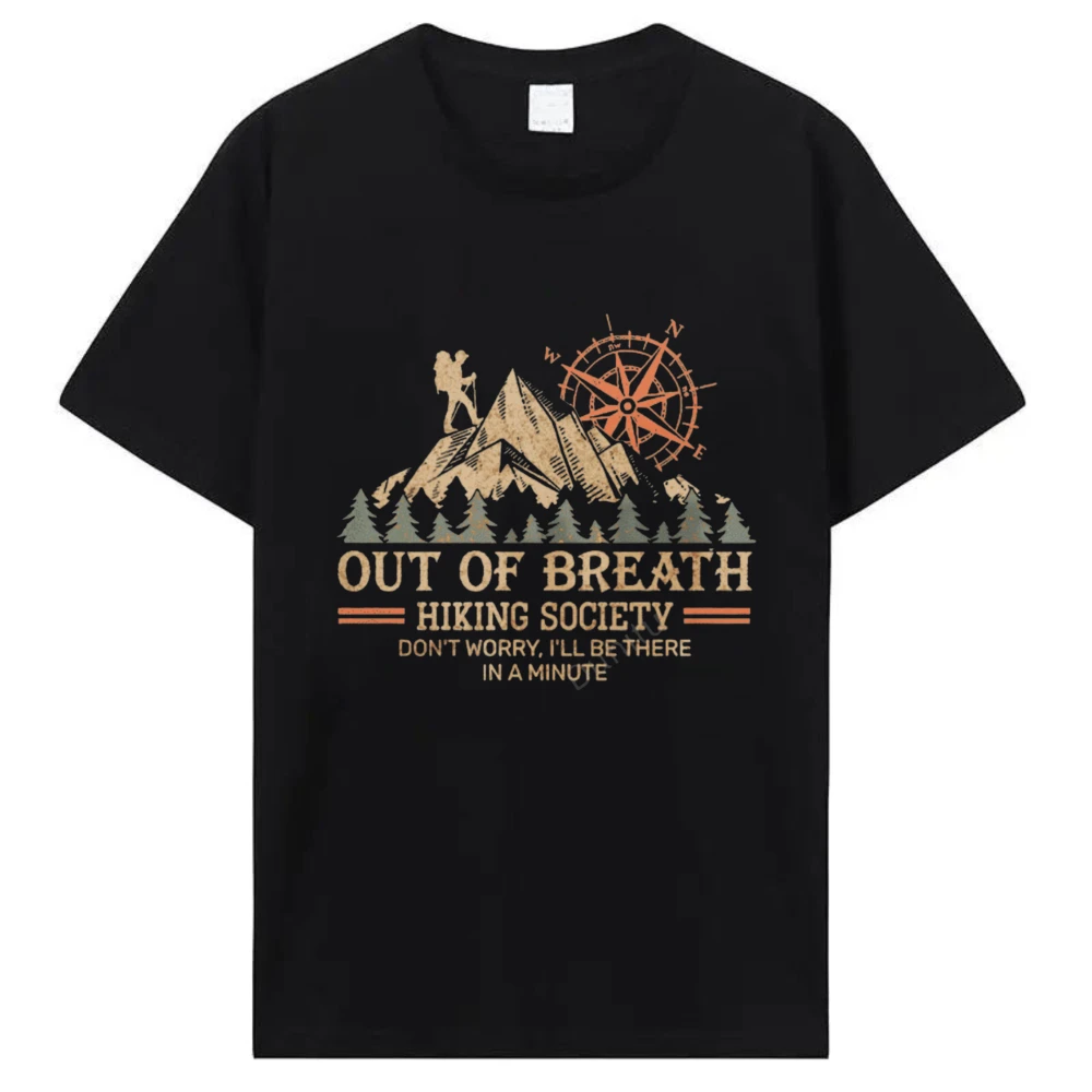 Фото Футболка с графическим принтом Out Of Breath Hiking Society Compass Mountain, мужская винтажная хлопковая футболка для трекеров, забавная футболка для активного отдыха, хлопковая футболка для походов в лес №5