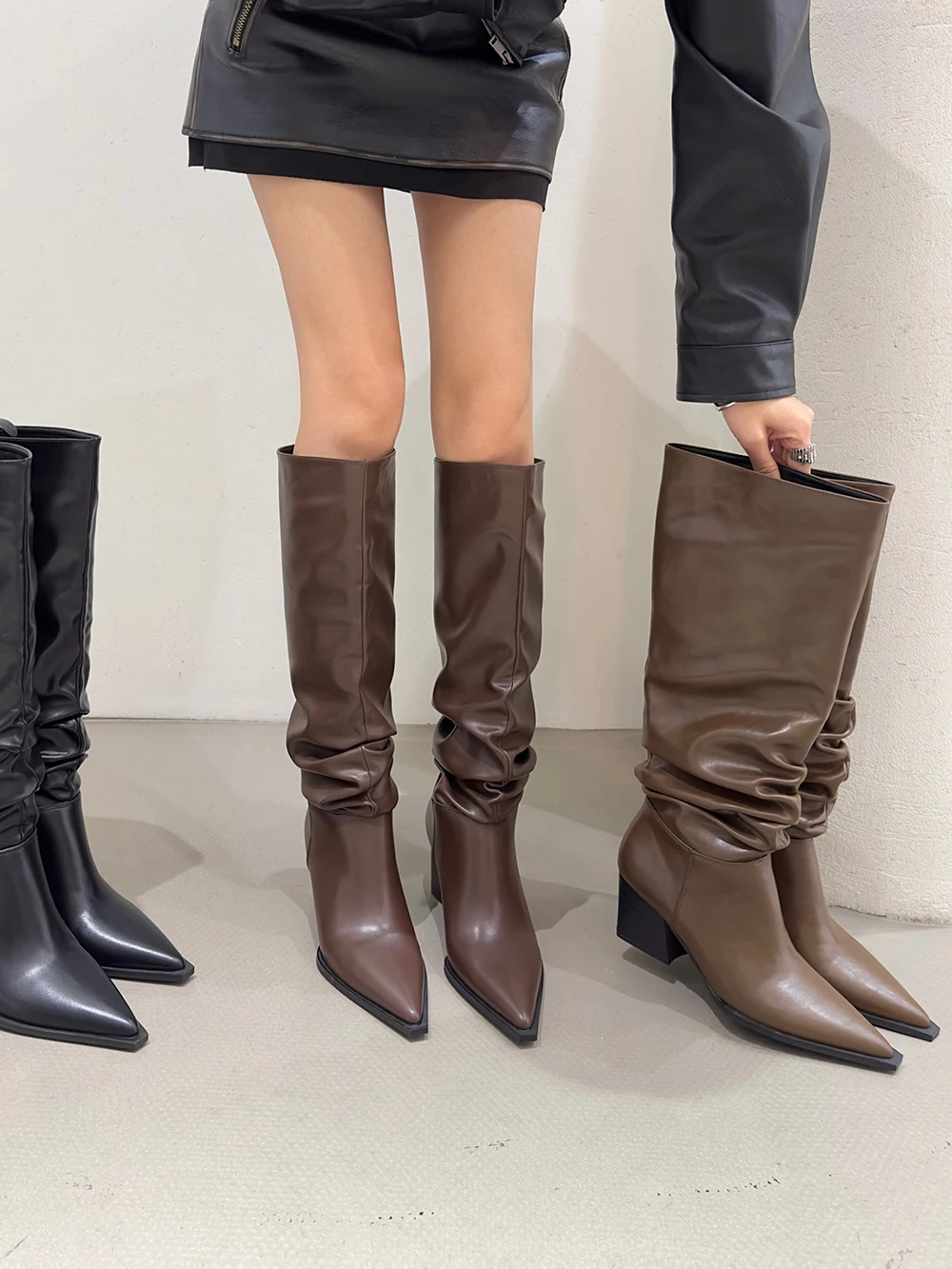 

Pointed Toe Women Knee High Boots Chelsea Botas 2023 New Arrivals Flat Mid Heeled Black Brown Khaki Party Dress Shoes Woman 39