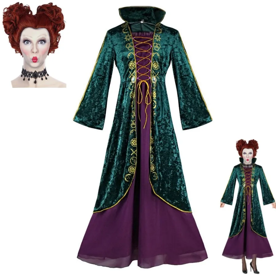 

Костюм для косплея американского фильма Hocus Pocus Winifred Sanderson, зеленая бархатная юбка, вечернее платье для детей, Женский костюм для взрослых