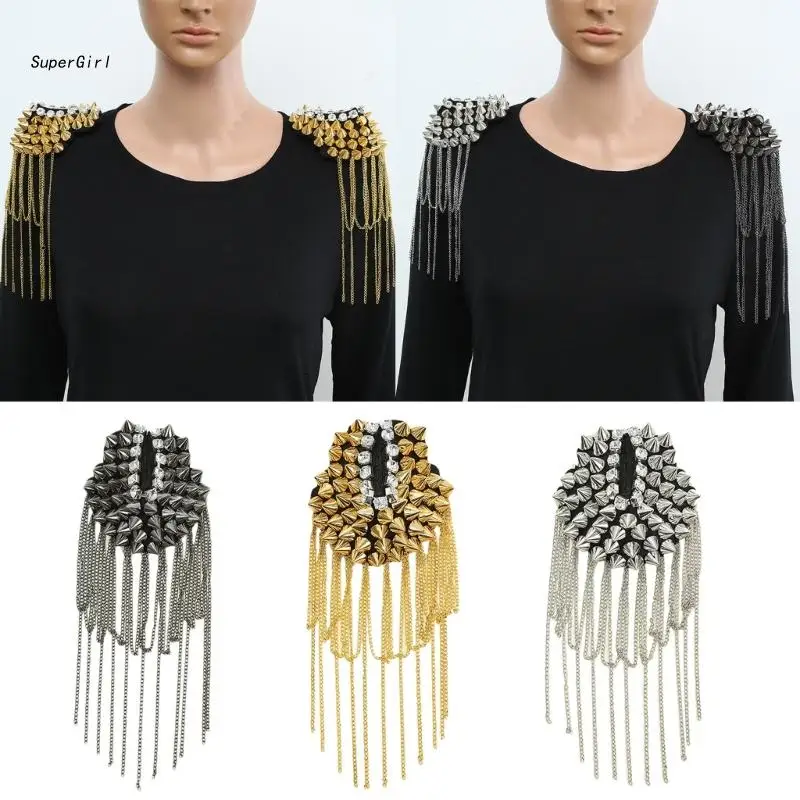 

J78E Cool Metal Fringed Epaulettes Performance Dress Accessories Suit Decoration Tassel Epaulet Shoulder Brooch Badge Decor