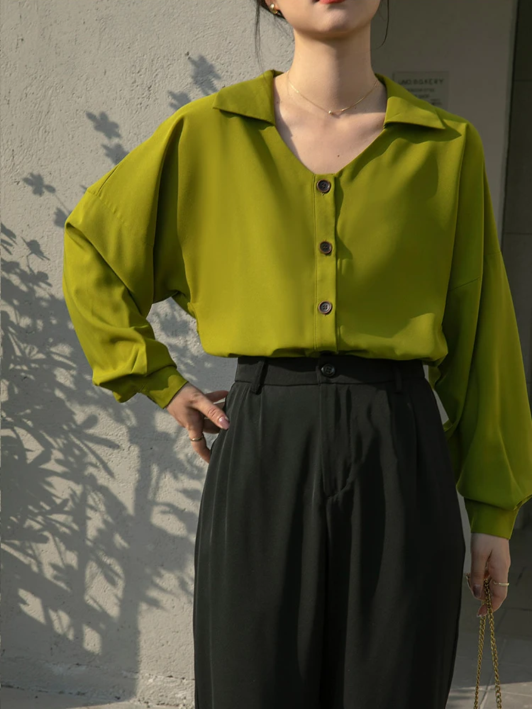 French Chiffon Shirts Women Avocado Green Long Sleeve Blouse Woman Tops 2022 New Spring and Summer