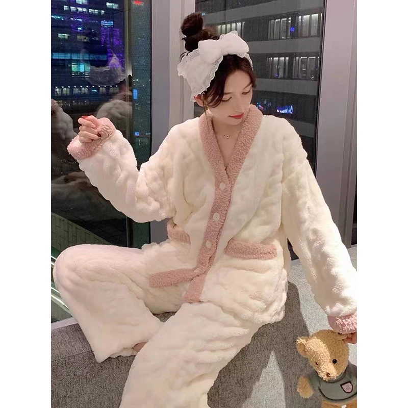 Winter Warm Pajamas Women Fashion Solid Color Thick Sleepwear Sets Home Clothes