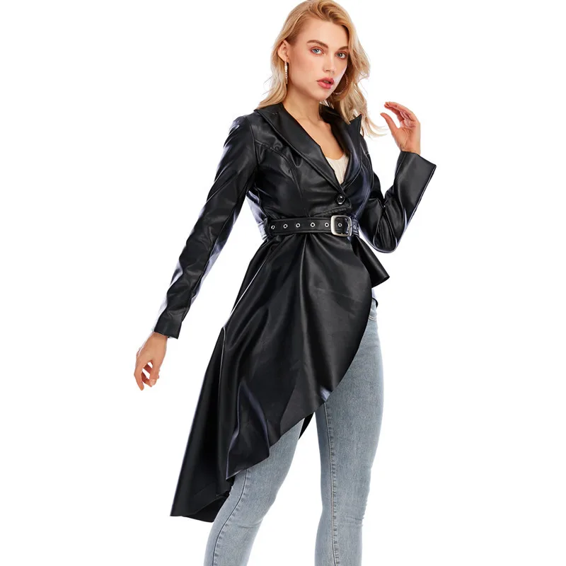 LXUNYI Ruffles Patchwork  Ladies Leather Coat Autumn 2022 Personality Asymmetry Long Sleeve celebrity Catwalk Fashionable Dress