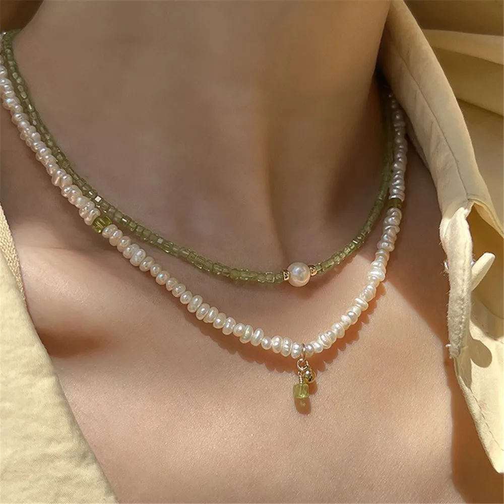 

Natural Stone Peridot Freshwater Pearl Women Necklace Stacked Luxury Niche Design S925 Silver Jewelry Clavicle Chain Girl Gift