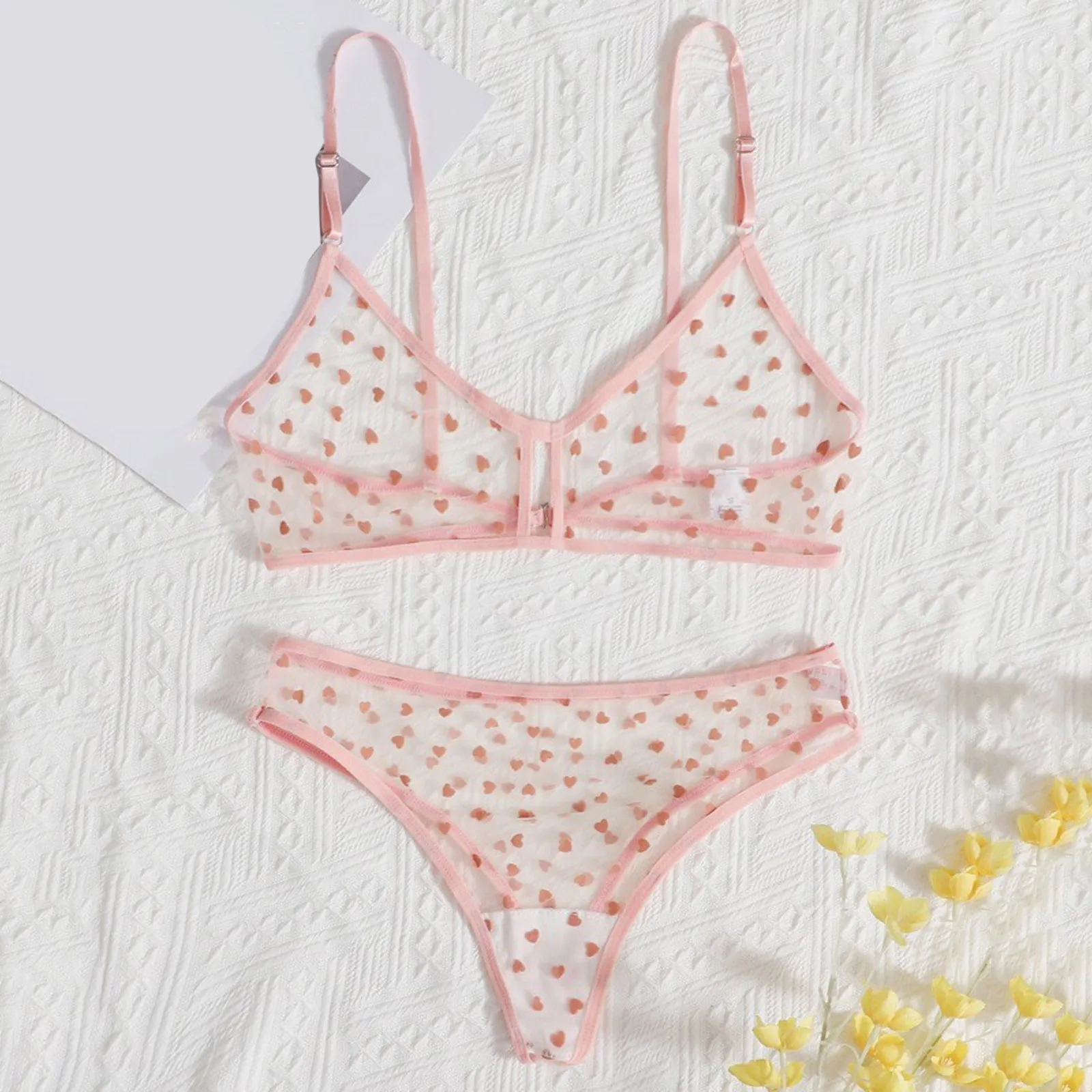 

Pink Love Print Sexy Lingerie Lace Transparent Women's Underwear Set Bra Sexy Hot Woman Thong Lenceria Sensual Mujer Lingerie