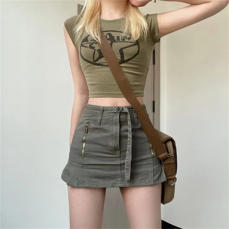 

Elastic Waist Bodycon Short Tops Cropped Sexy Honey Short Round Neck Shirts Drop Shipping