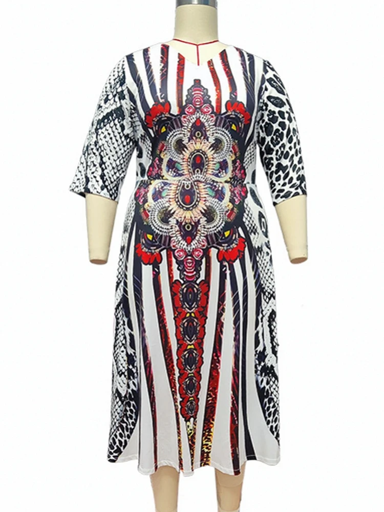 

African Dresses For Women 2022 Summer African Women V-Neck Polyester Three Quarter Sleeve Mid-Calf Dress African Clothes Women