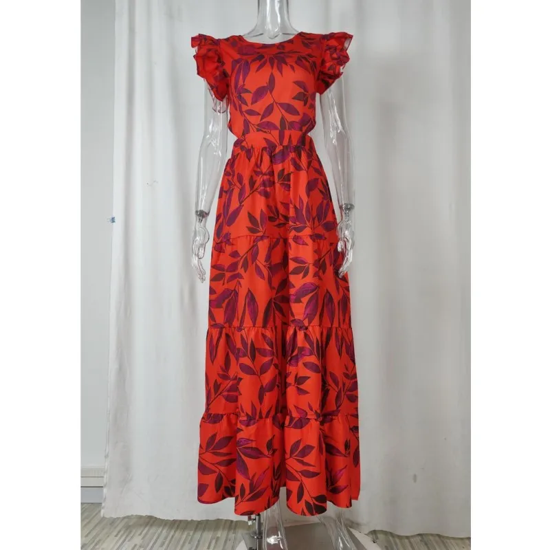 Wefads Maxi Dress Женское элегантное модное платье с рюшами и короткими рукавами круглым