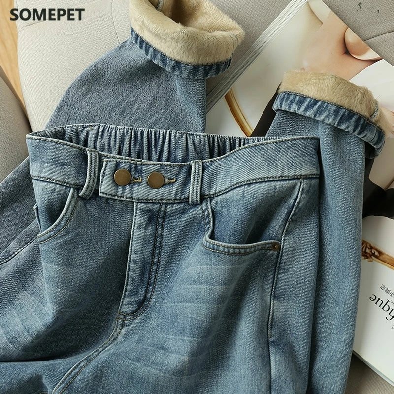 Джинсы женские зимние с высокой талией мягкие свободные брюки из денима уличная