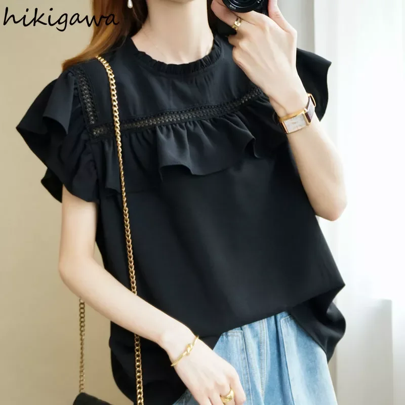 

2022NEW Tshirts 2022 Shirts for Women O-neck Short Sleeve Ruffles Tees Tops Fashion White T Shirt Korean Loose Chiffon T-shirts