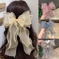 organza ribbon bow hairpin three layers lace bowknot hair clips sweet girls barrettes elegant women ponytail hair accessories