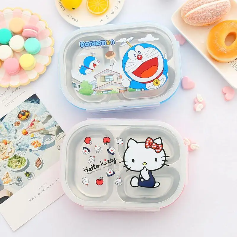 

Sanrioed Lunch Box Anime Kawaii Doraemon Kt Cat Stainless Steel Children Students Rice Fruit Camping Bento Food Storage Box Gift