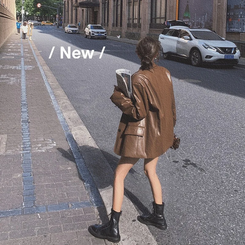 2022 Chaqueta Cuero Moto Mujer Loose Leather Jacket Women's Spring 2022 New Hong Kong Style Chic High-End Pu Leather Suit