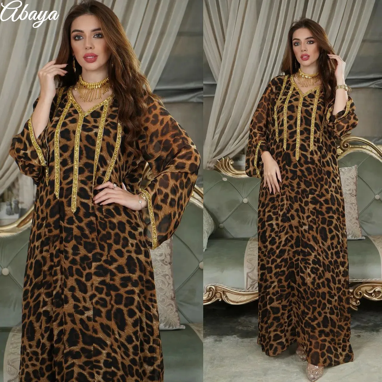 

Dubai Abaya 2022 Elegant Leopard Printing Luxury Rhinestones Patchwork Long Sleeves Sexy Party Dress Middle East Arab Jalabia