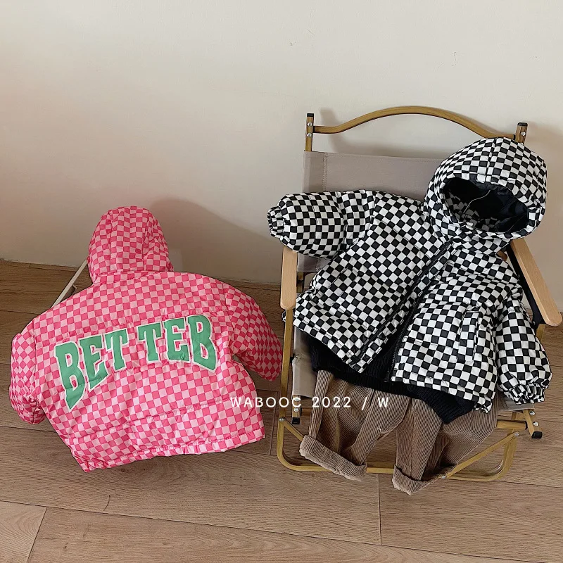 

2022 Winter Girls Boys Fashion Plaid Hooded Down Jacket Baby Kids Children Thick Warm Coat Outerwear