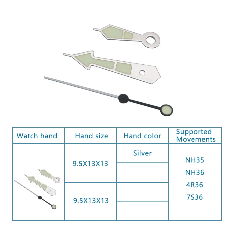 Зеленые светящиеся стрелки SKX007 SKX009 серебряные часы 9 5*13*13 мм указка для часов NH36