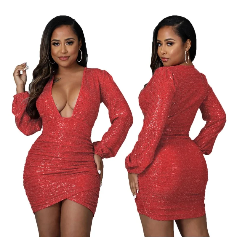 

Женское сексуальное вечернее платье Mandylandy с блестками, женское платье с глубоким V-образным вырезом, корсет с высокой талией и рюшами Вечерн...