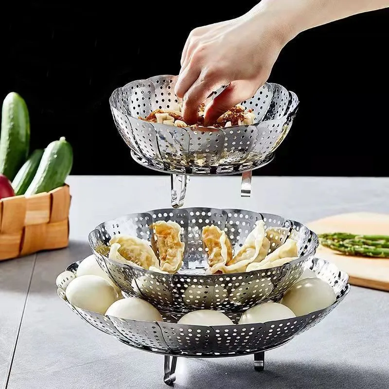 Stainless Steel Telescopic Steamer Tray Multi-functional Folding Steaming Fish Rack Drawer Kitchen Washing Draining Basket