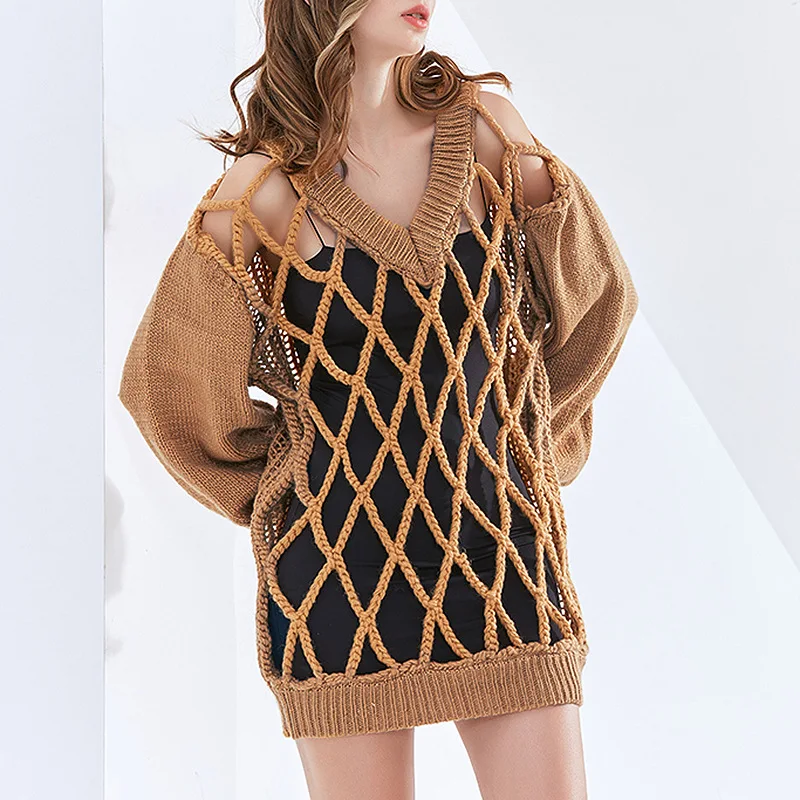 

Women's Sweater 2023 Spring And Summer New V-neck Hollow Trend Women's Sweater Korean Fashion Sexy Loose Women's Knitted Tops