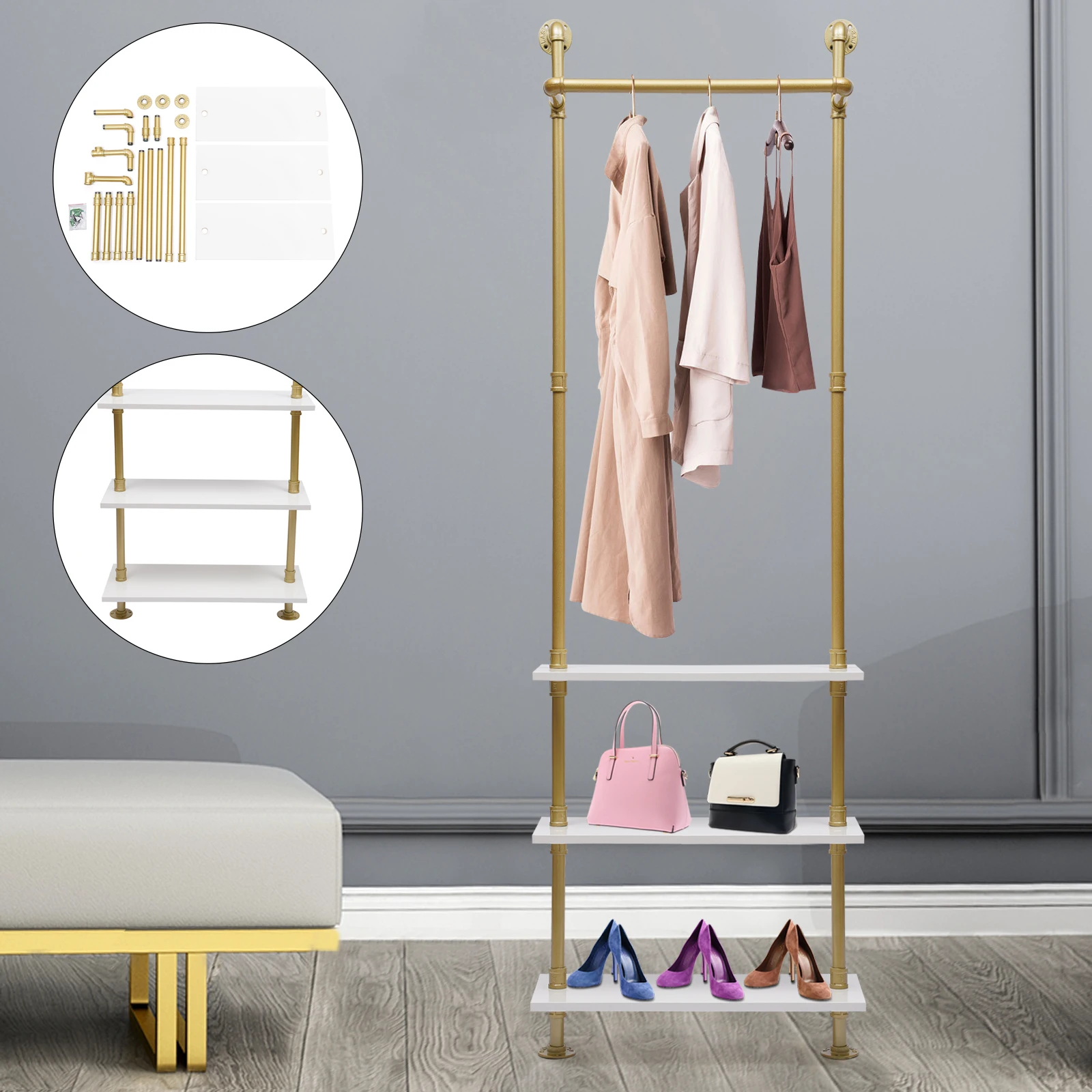 Gold Clothes Rack Wall Mounted Garment Rack Clothes Display Stand For Living Room Clothing Store