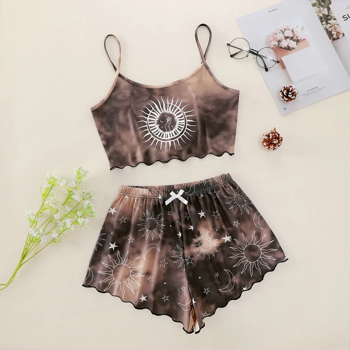Moon and Sun Graphic Tie-dye Halter Tops Shorts Housecoat Pajama Suit