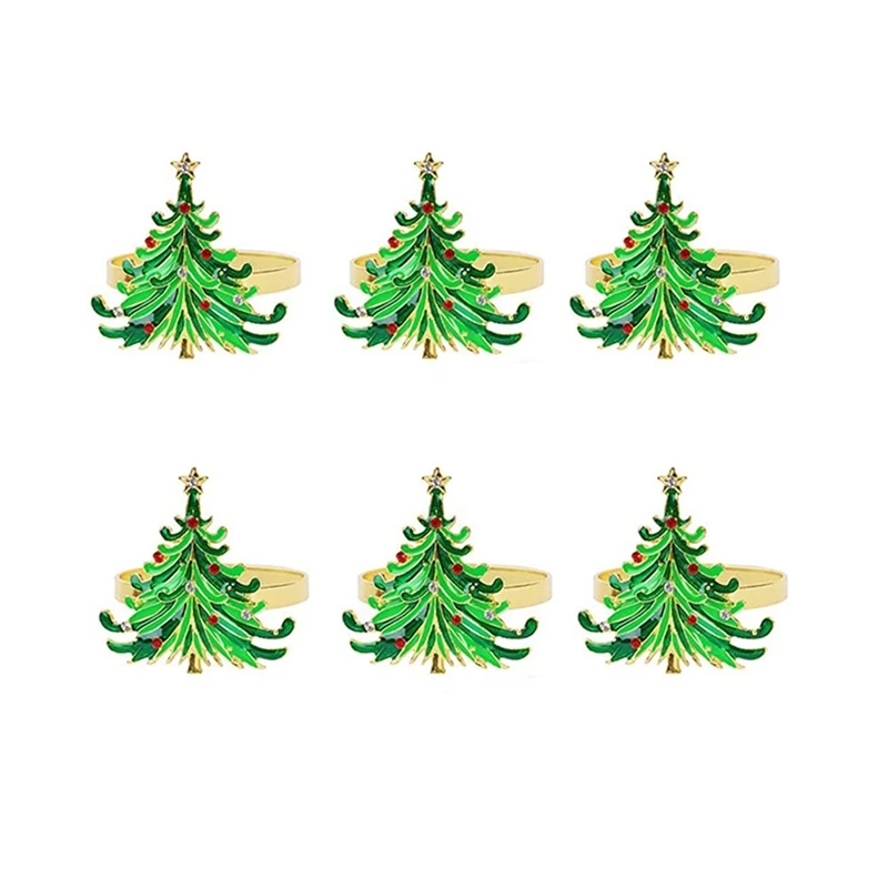 

6Pcs Green Chirstmas Tree Napkin Rings,Golden Rings Designed With Red And White Diamond For Christmas Dinning Table