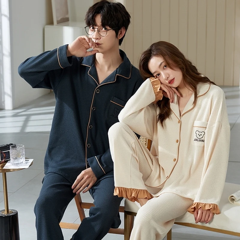 QUHENG Couple Pajama Sets for Mens Cotton Autumn Winter Loungewear Nightwear Long Sleeve Sleep Pajamas Men Sleepwear Women's