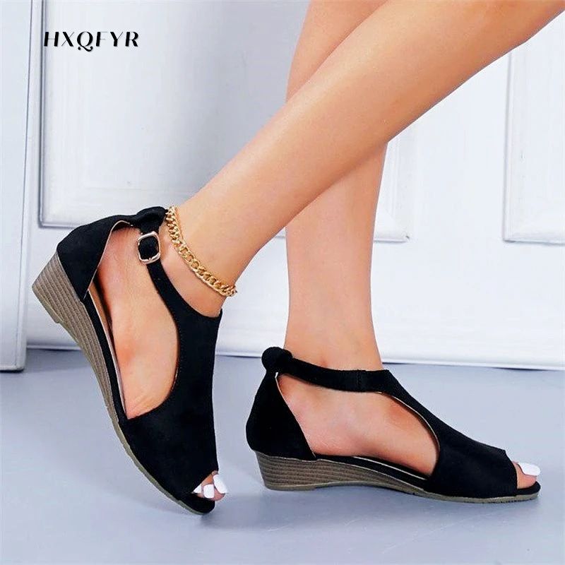 

Женские босоножки на танкетке, повседневные сандалии с открытым носом и круглым носком, лето 2022