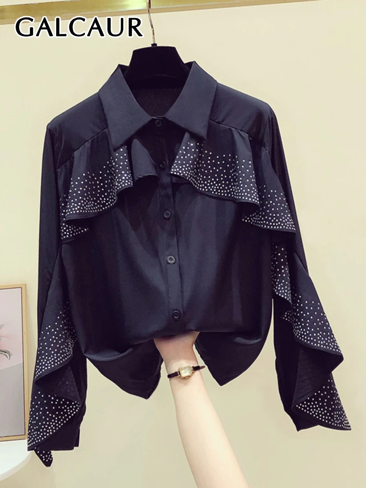 

Однотонные рубашки GALCAUR в стиле пэчворк со стразами, с лацканами и длинным рукавом, однобортная Весенняя Повседневная Блузка оверсайз с оборками, новинка 2023
