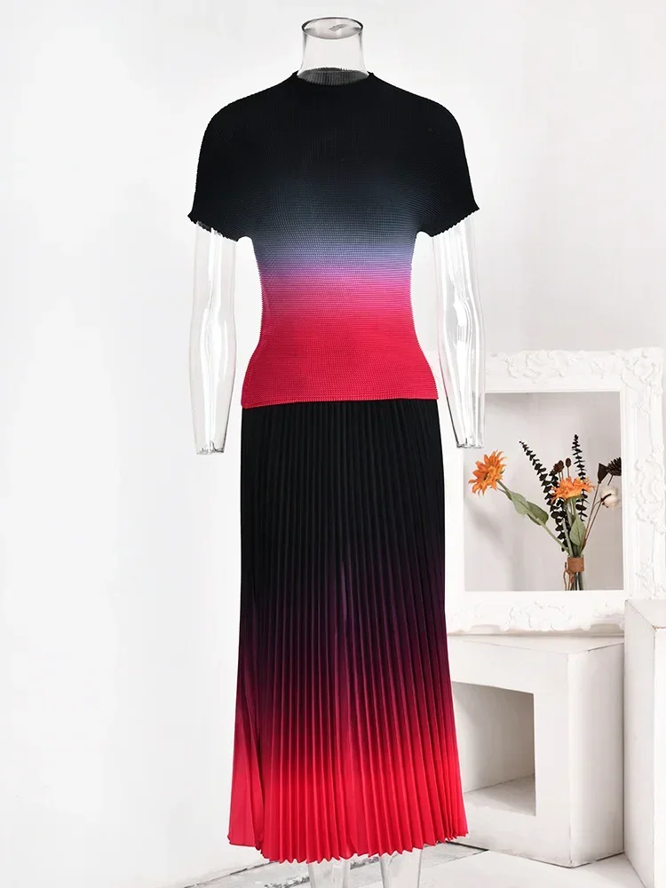 

Miyake Original Fashion Gradient Pleated 2 Pieces Set Women's Turtleneck Short Sleeves Tops High Waist Fold Skirts 2023 New