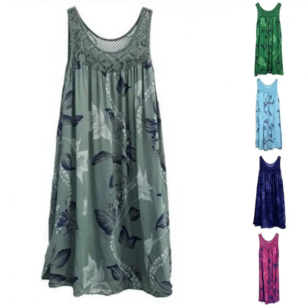 

Hot Sell Floral Printed Lace Stitching O-Neck Sleeveless Women Summer Loose Tank Dress