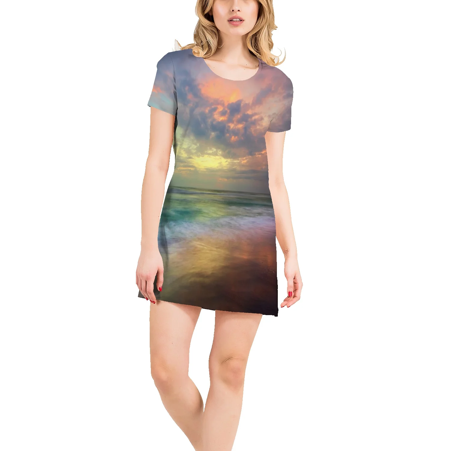 

Sunset Scenery Oil Painting T-Shirt Dress Summer Fashion Short Sleeve A-Line Straight Skirt Girls All-match Sports Dress