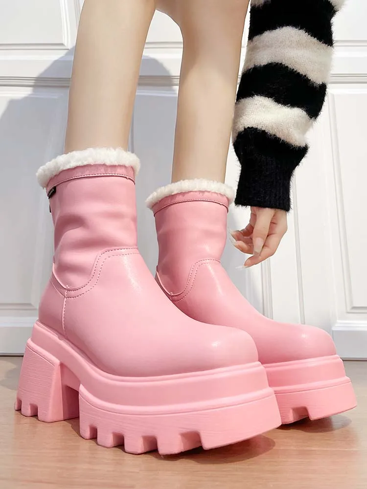 

2023 New Winter Ankle Boots for Women Fashion Platform Motorcycle Short Boots Warm Thick Plush Chunky High Heels Female Shoes